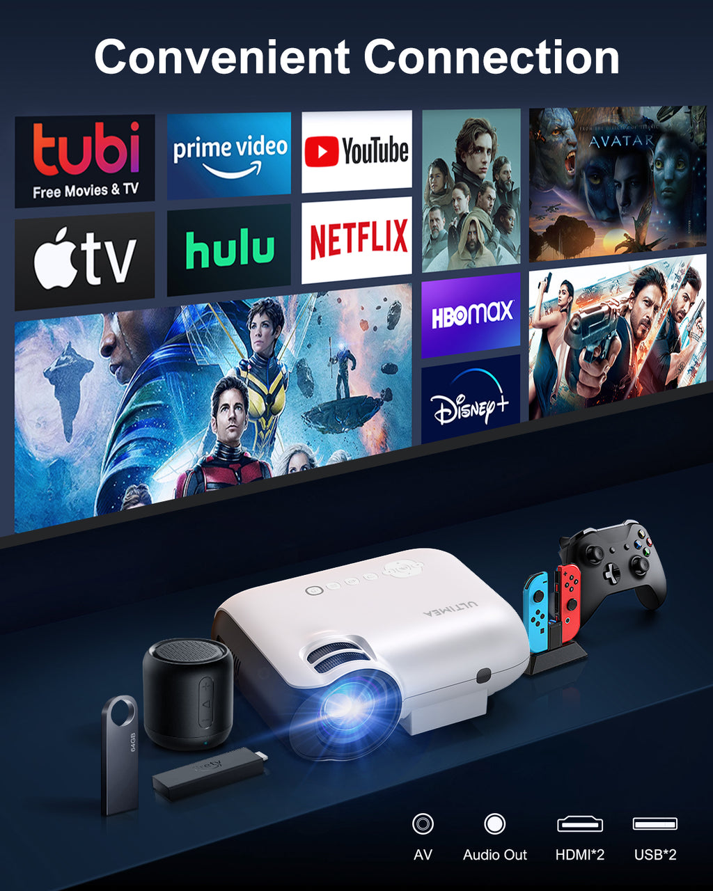 4K Support Native 1080P Bluetooth Projector, 300 ANSI 10000LM Portable Mini Outdoor Projector G3436