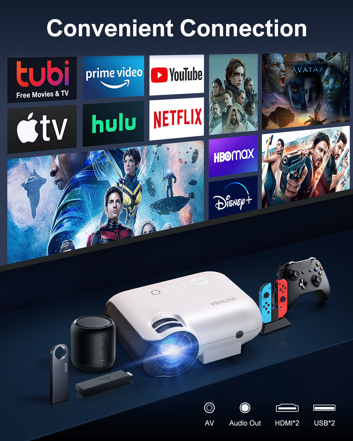 4K Support Native 1080P Bluetooth Projector, 300 ANSI 10000LM Portable Mini Outdoor Projector G3436
