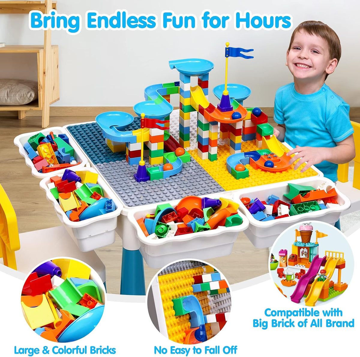 Kids Activity Table and Chair Set with 152Pcs Marble Run Building Blocks Water Table Sand Table STEM Toys H56188