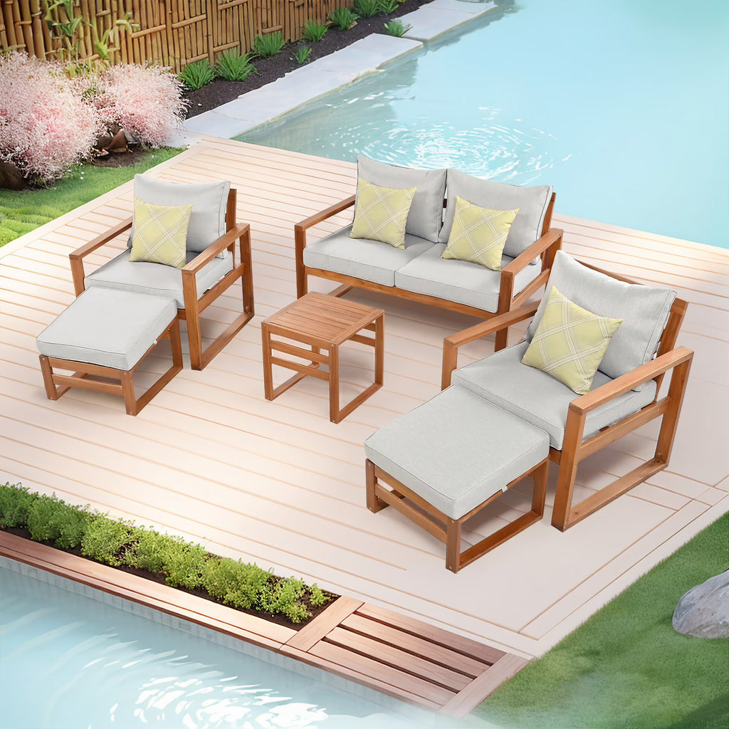 6-Piece Wood Outdoor Patio Conversation Set with Ottomans and Cushions J683712