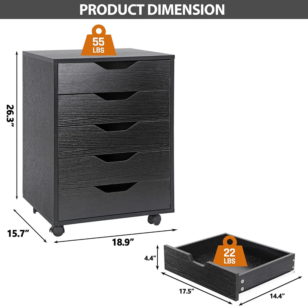 Black 5 Drawer Mobile Wood Filing Cabinet with Lockable Casters X7968