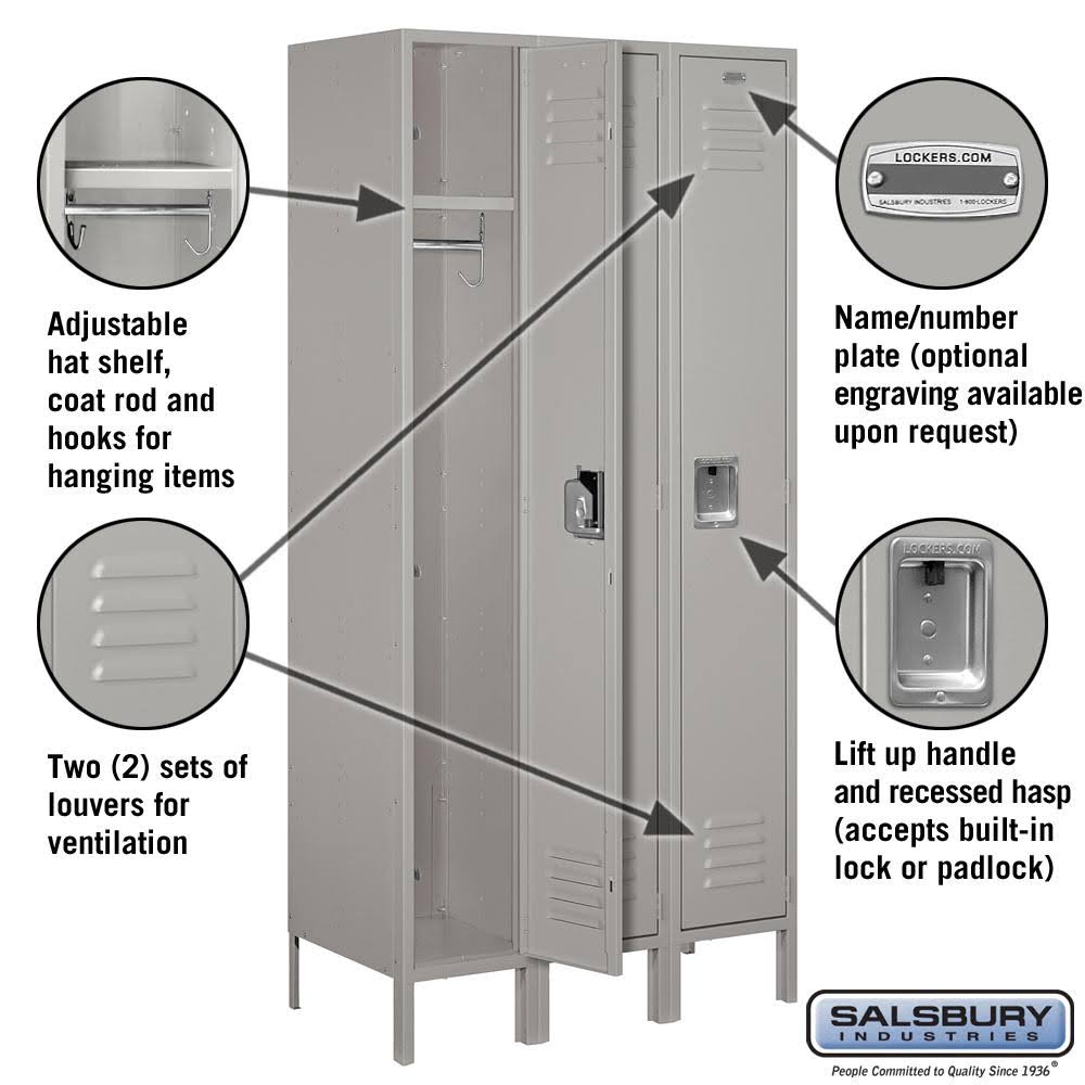 Metal Locker, Single Tier, 3 Wide, 6 Feet High, 15 Inches Deep, Gray K1874