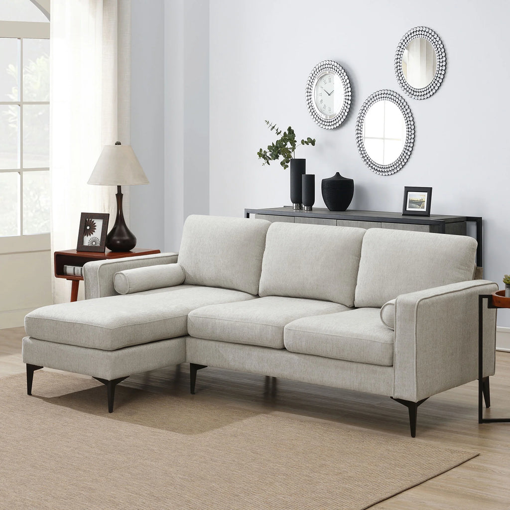 L-Shaped Sectional Sofa with Reversible Chaise, 3 Seater Chenille Fabric Modular Couch with Pillows Metal Legs R1489