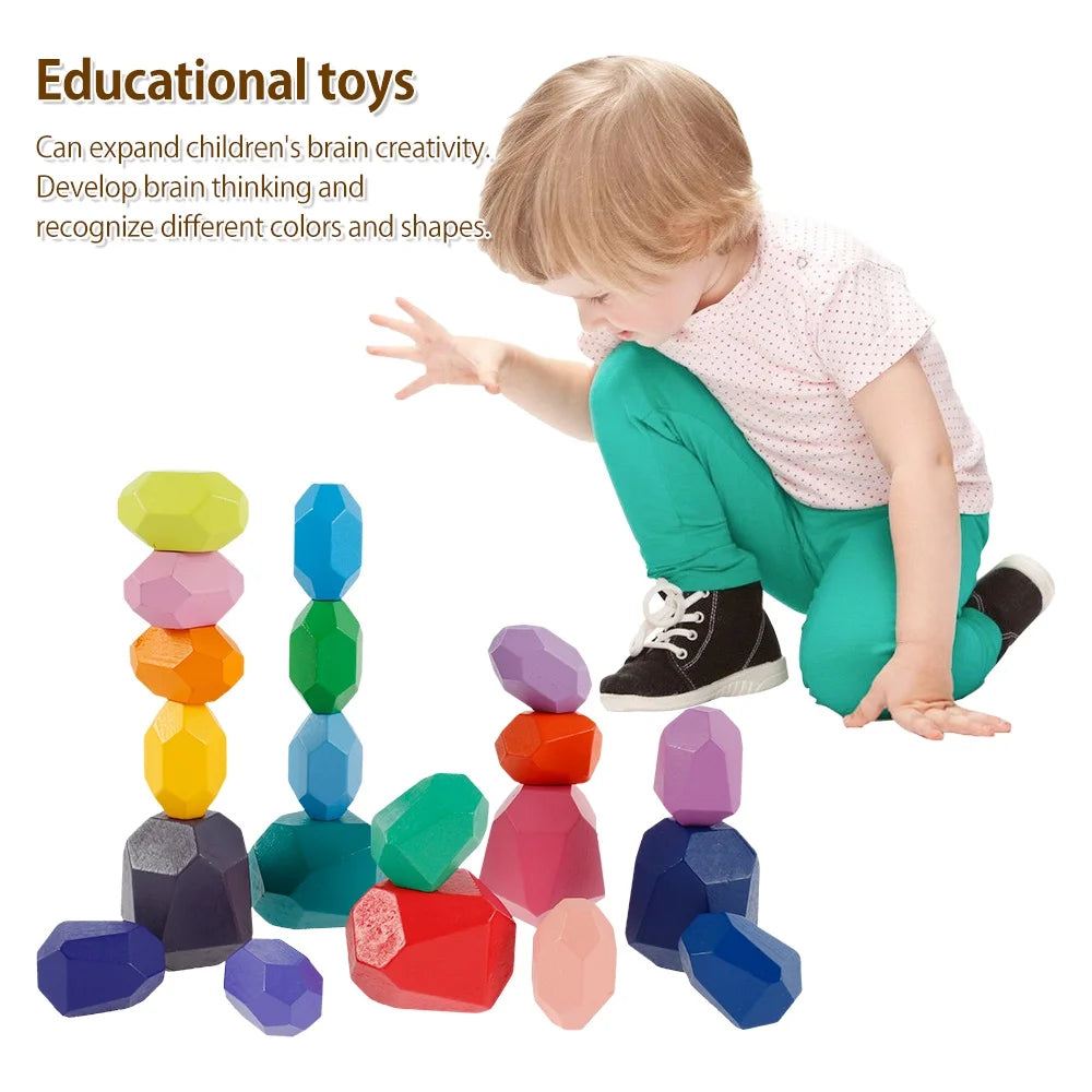 Kids Wooden Colored Balancing Stone Stacking Building Block Toy Y222