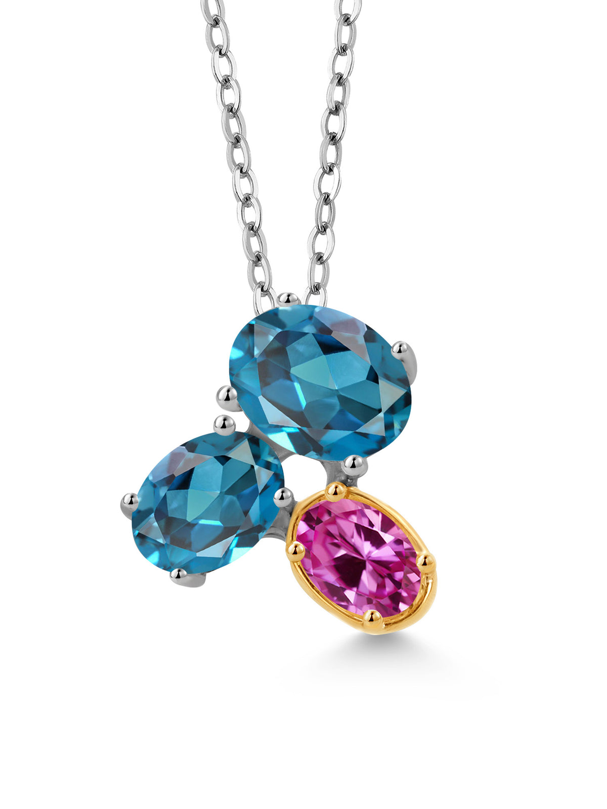 925 Silver 10K Yellow Gold London Blue Topaz Pink Created Sapphire Pendant Necklace 3.00 Cttw Oval 8X6MM 7X5MM 6X4MM 18 inch Chain J997232