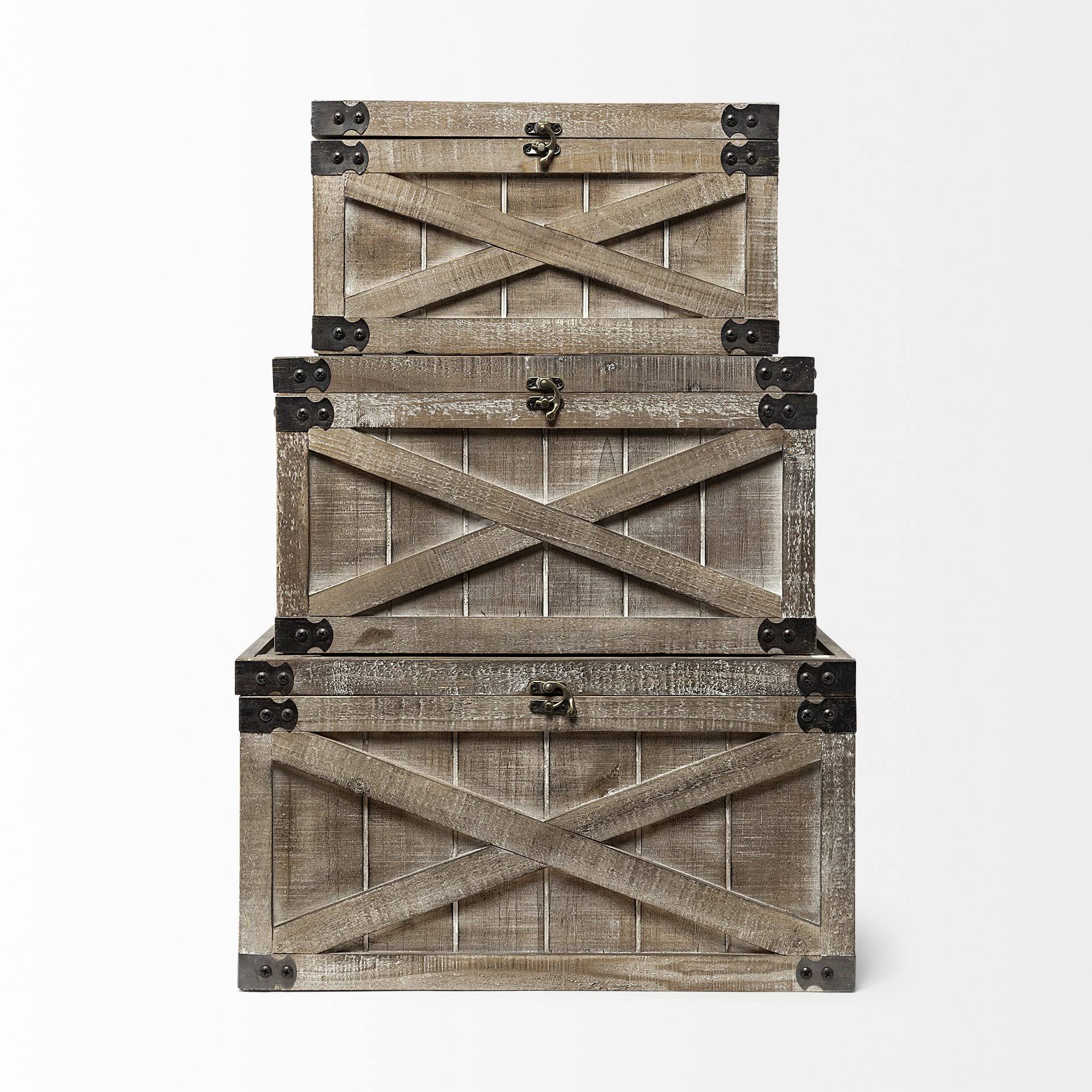 Set of Three Brown Wooden Decorative Boxes K2743