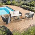 Cream White Acacia Wood Patio Rope Sofa Set with Coffee Table I8056