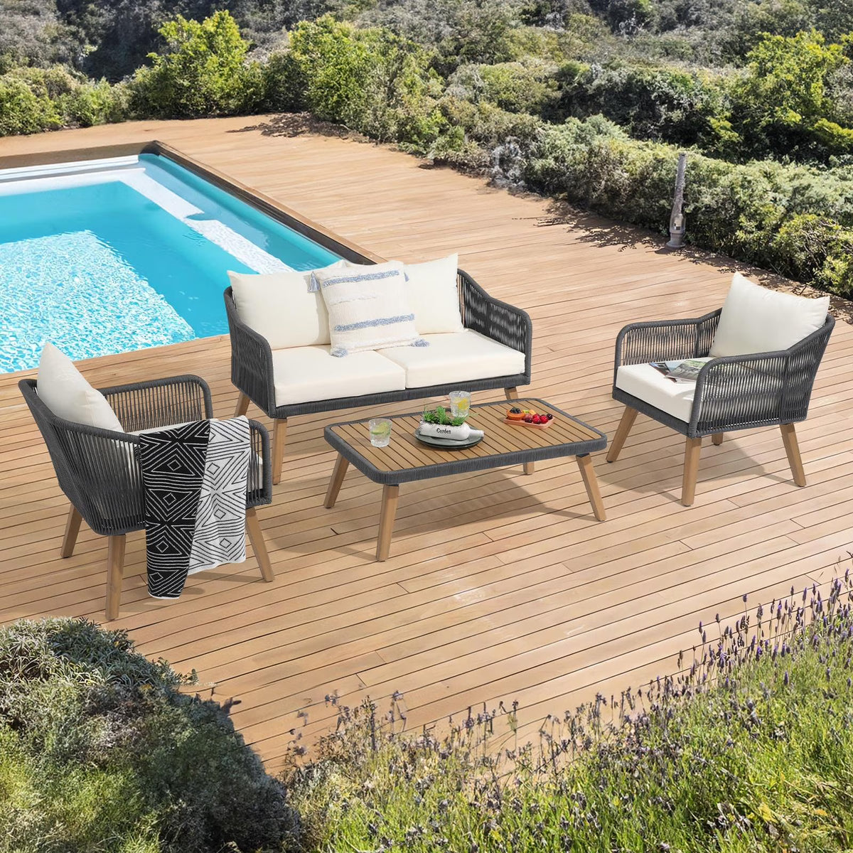 Cream White Acacia Wood Patio Rope Sofa Set with Coffee Table I8056
