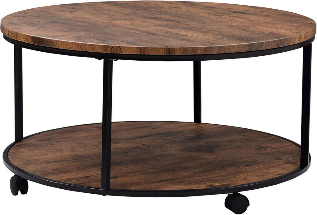 Round Coffee Table with Caster Wheels (Distressed Brown) W964