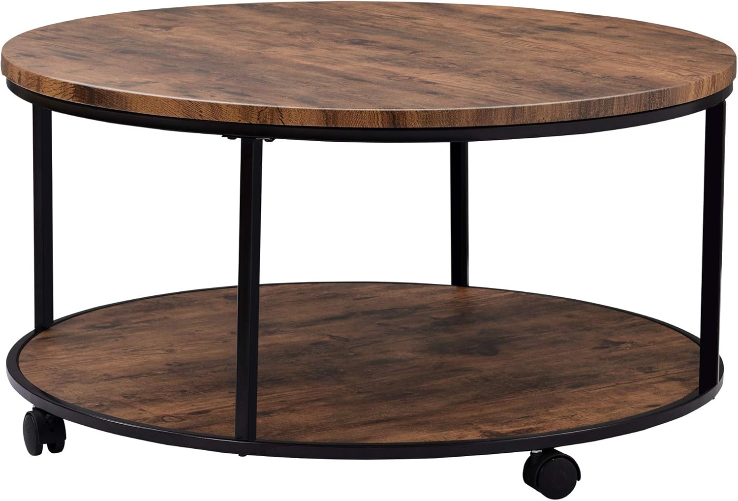 Round Coffee Table with Caster Wheels (Distressed Brown) W964