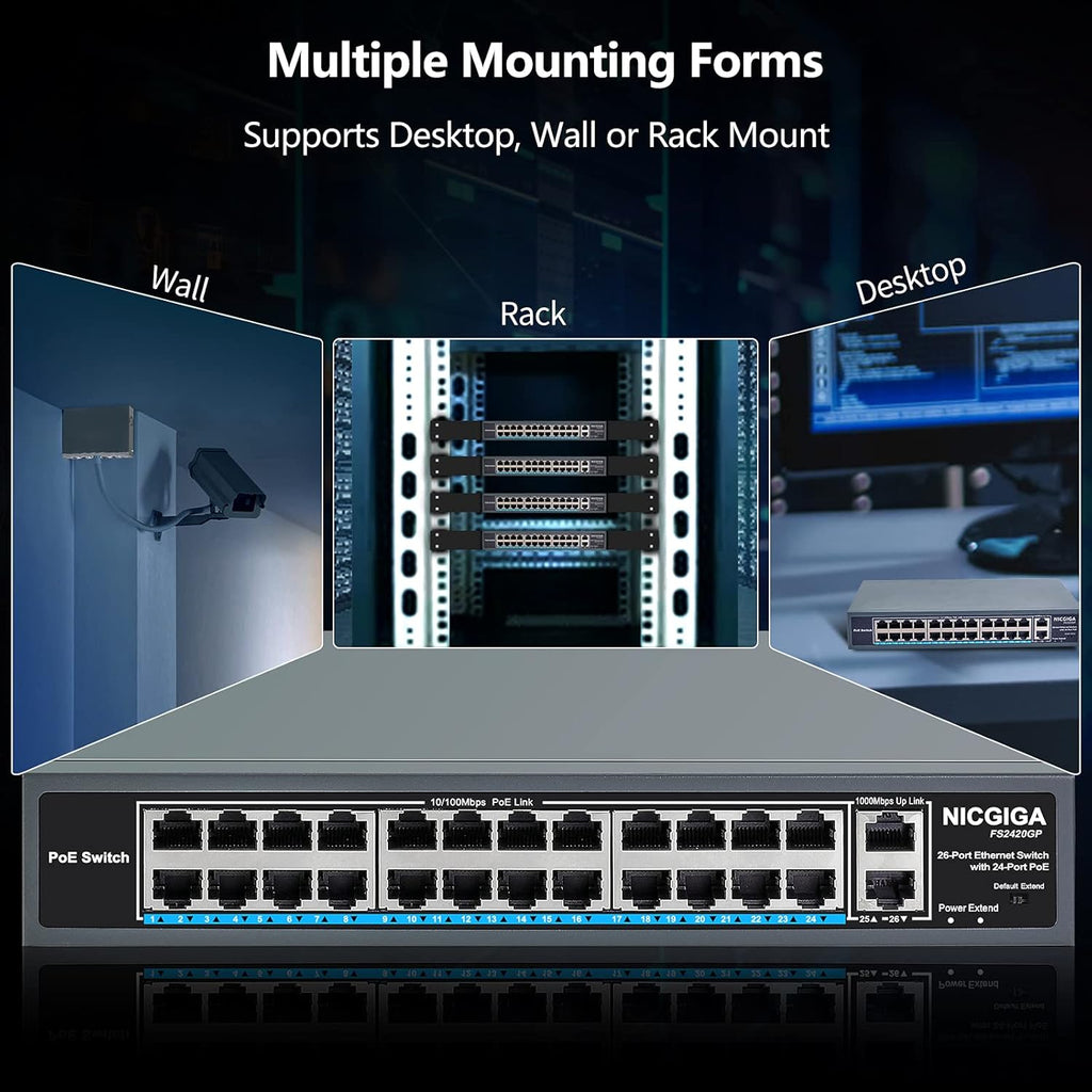 26 Port PoE Switch with 24 Ports 10/100Mbps PoE+@400W, 2 Gigabit Uplink Ports, VLAN Mode, Metal Case, Desktop/Rack Mount, Unmanaged Q8569