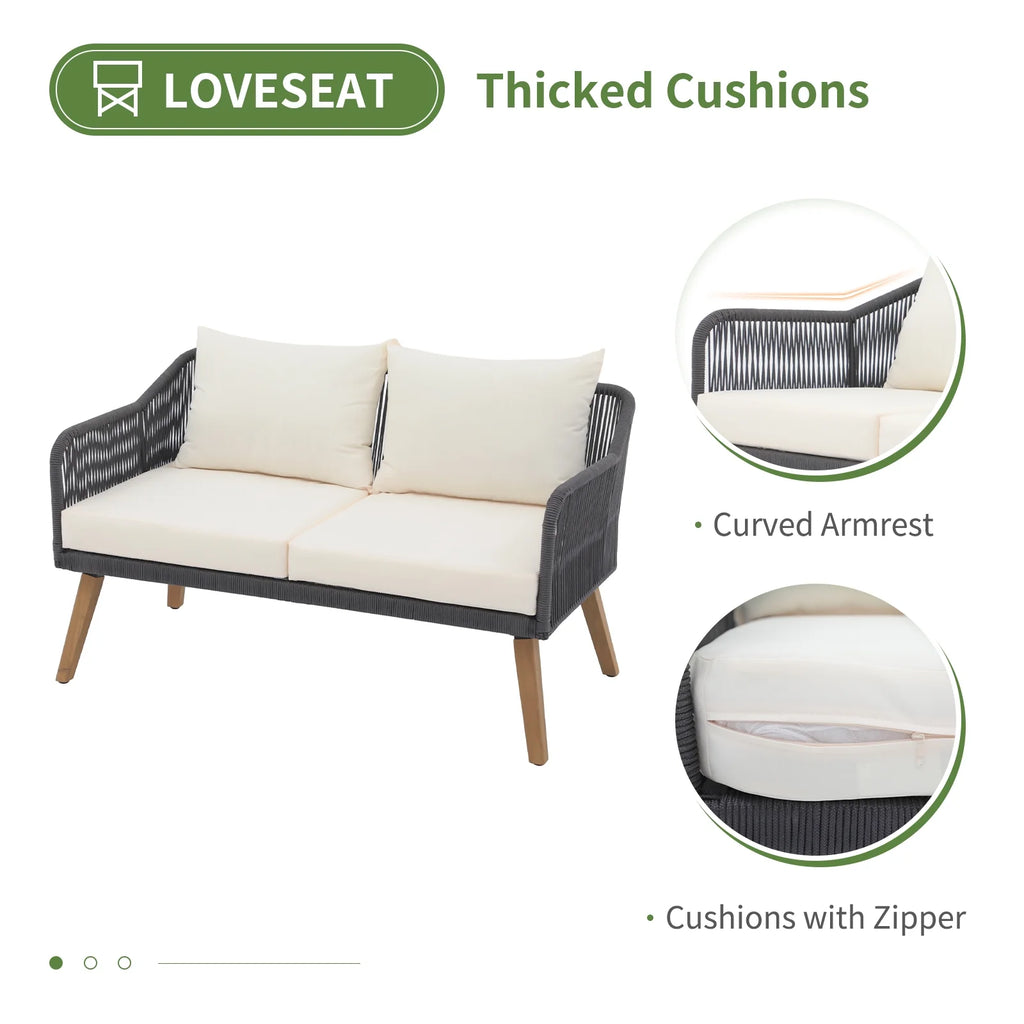 Cream White Acacia Wood Patio Rope Sofa Set with Coffee Table I8056