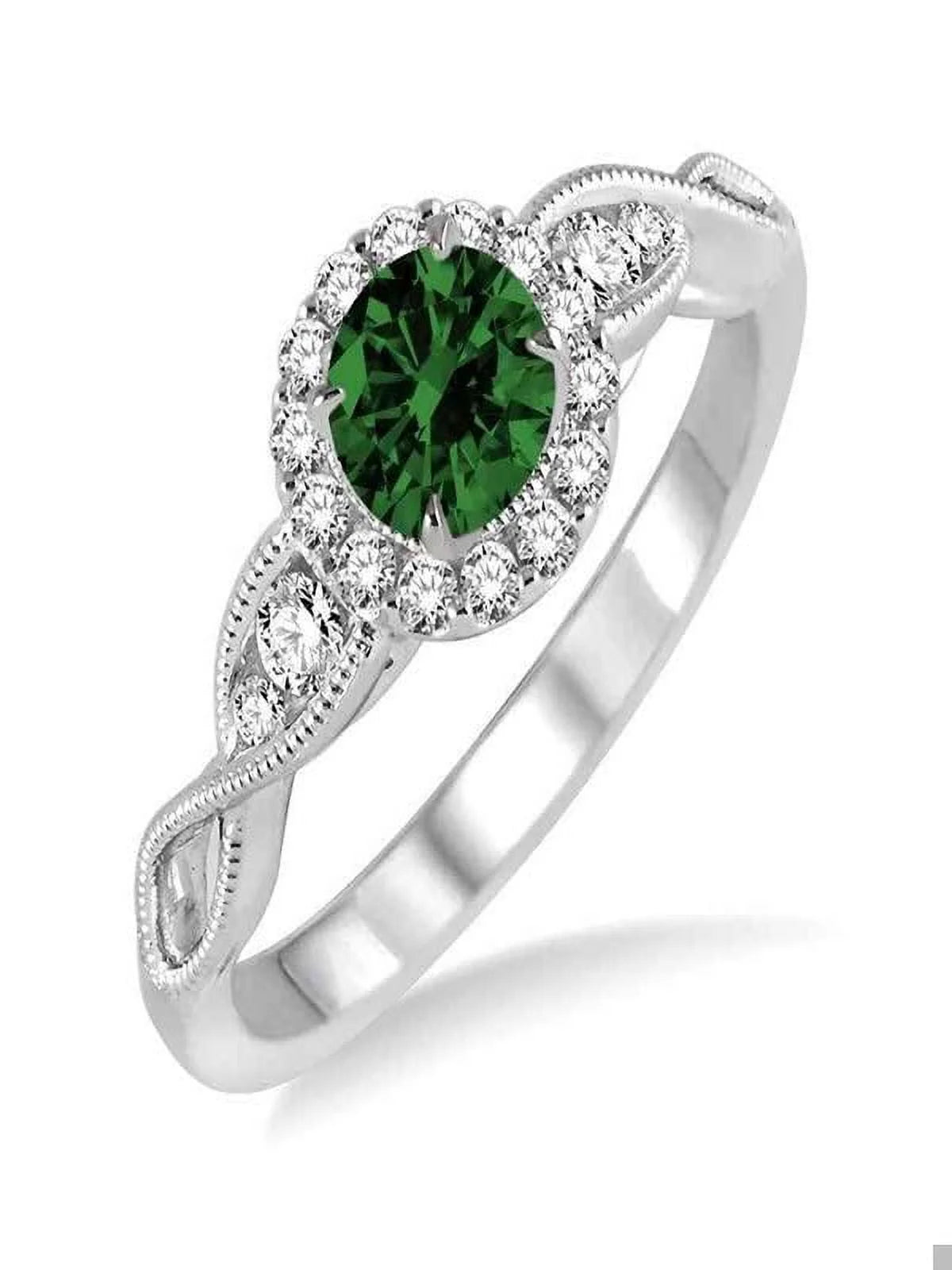 1.25 Carat Emerald and Diamond Antique Milgrain Engagement Ring in 14k White Gold L113094