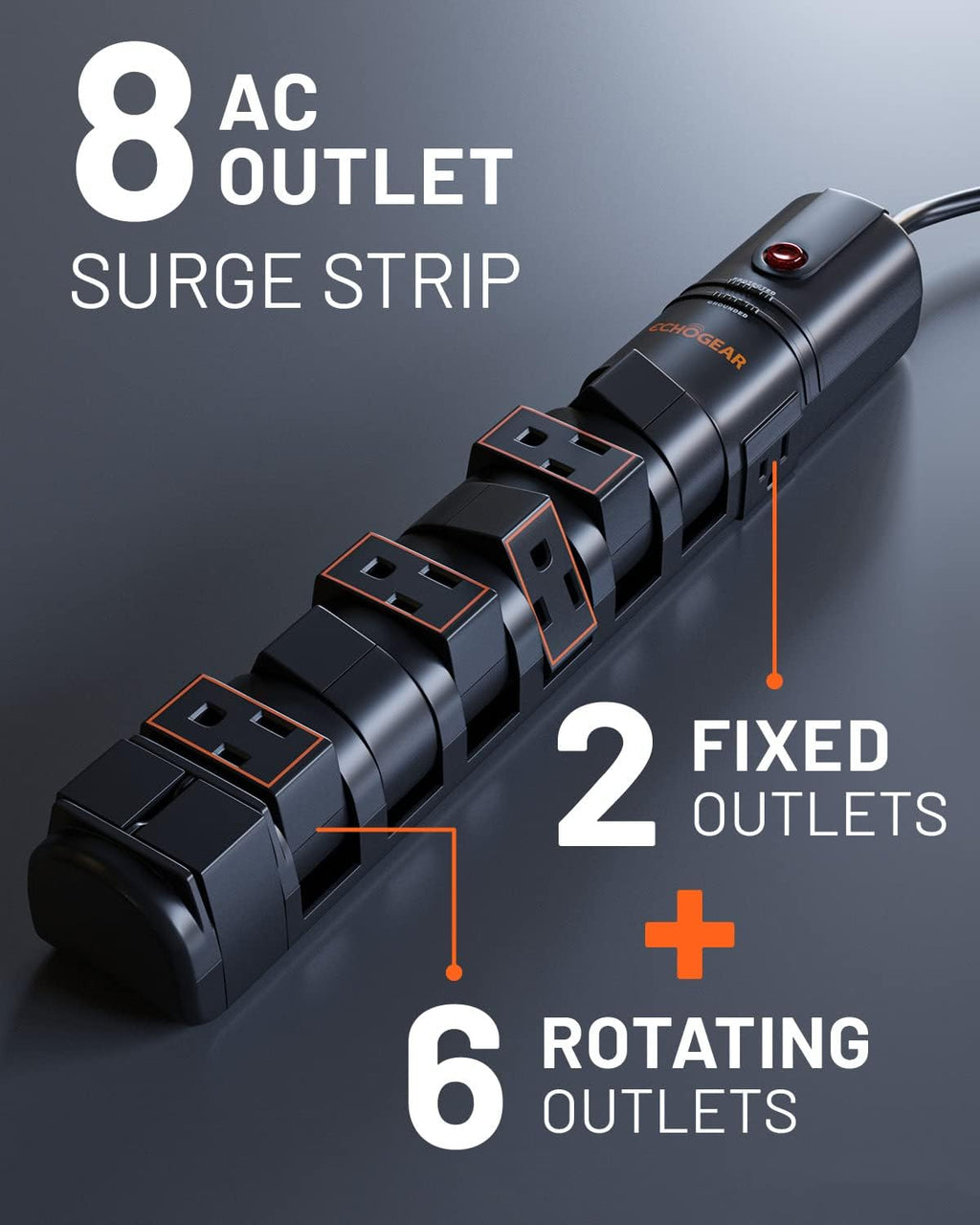 Rotating Outlet Surge Protector 2 Pack with 8 Outlets, Flat Plug, Long Cord, Black C29203