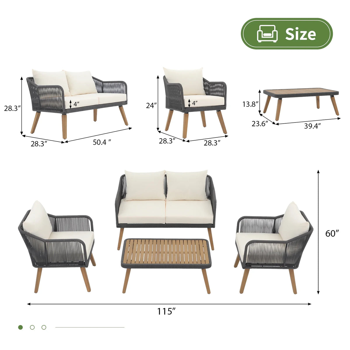 Cream White Acacia Wood Patio Rope Sofa Set with Coffee Table I8056