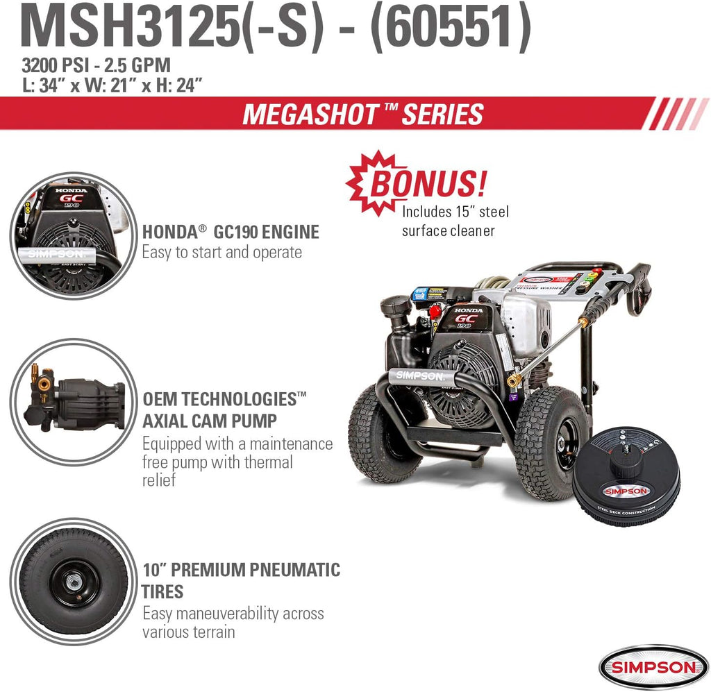 Gas Pressure Washer, 3200 PSI at 2.5 GPM, Black, 15" Steel Surface Scrubber P761