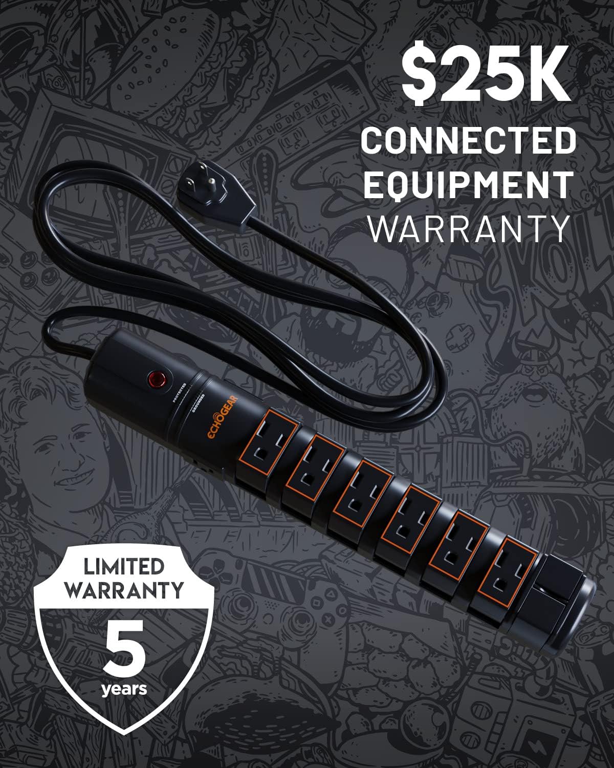 Rotating Outlet Surge Protector 2 Pack with 8 Outlets, Flat Plug, Long Cord, Black C29203