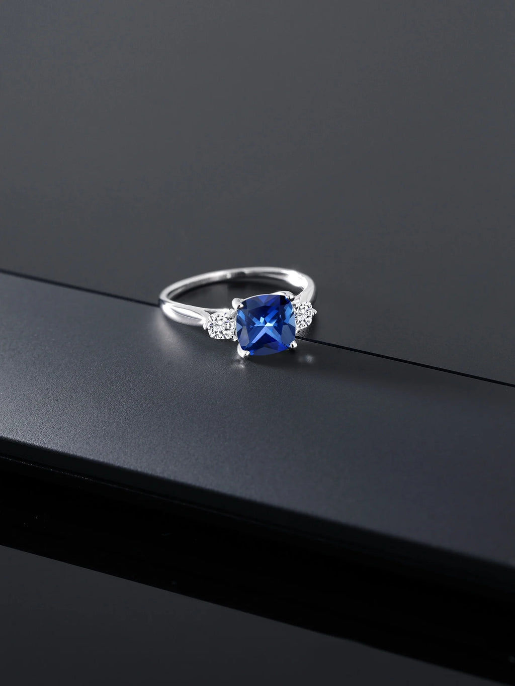 10K White Gold Blue Created Sapphire White Moissanite 3 Stone Engagement Ring T5983