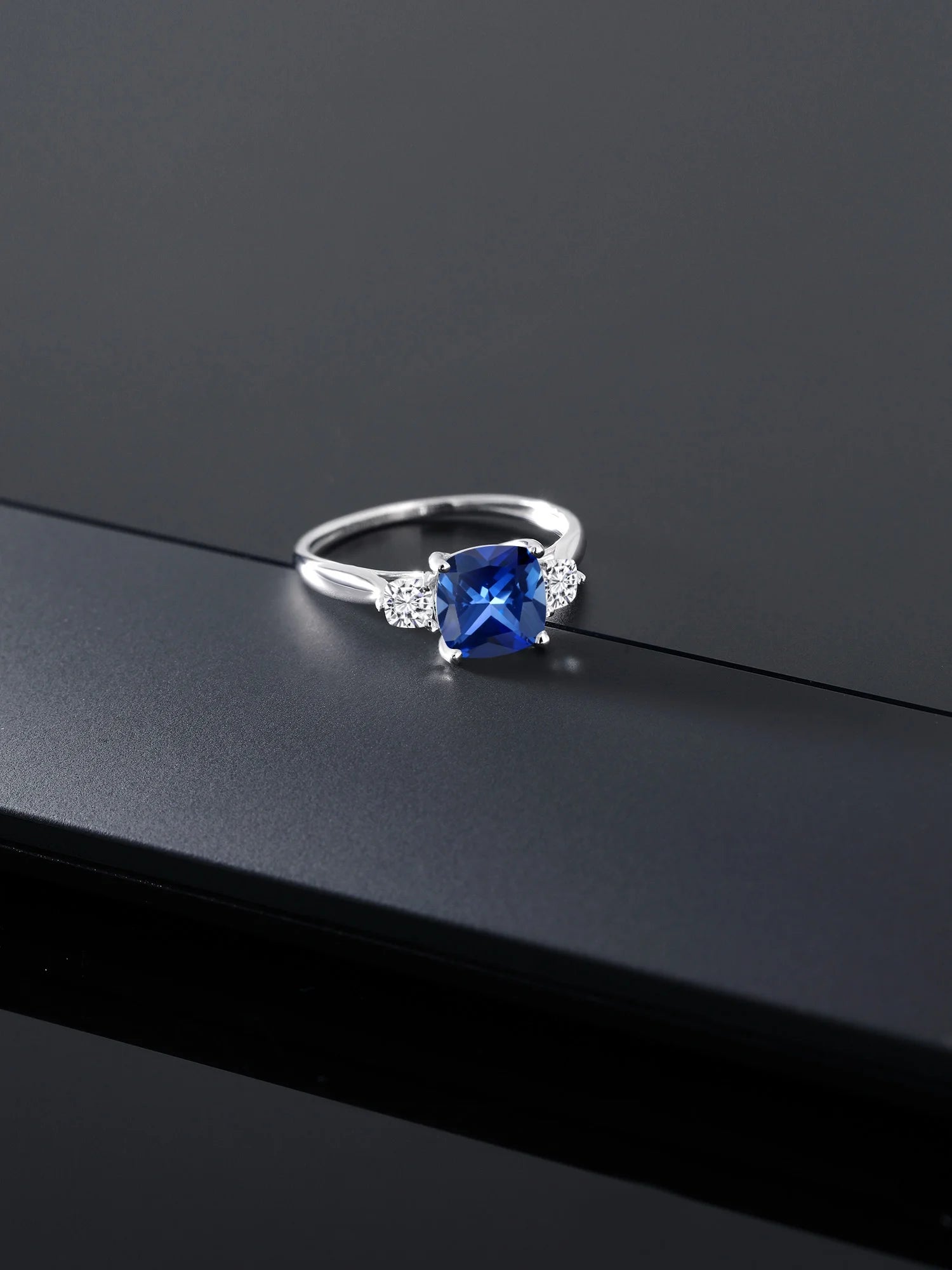 10K White Gold Blue Created Sapphire White Moissanite 3 Stone Engagement Ring T5983
