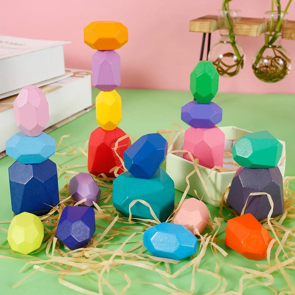 Kids Wooden Colored Balancing Stone Stacking Building Block Toy Y222