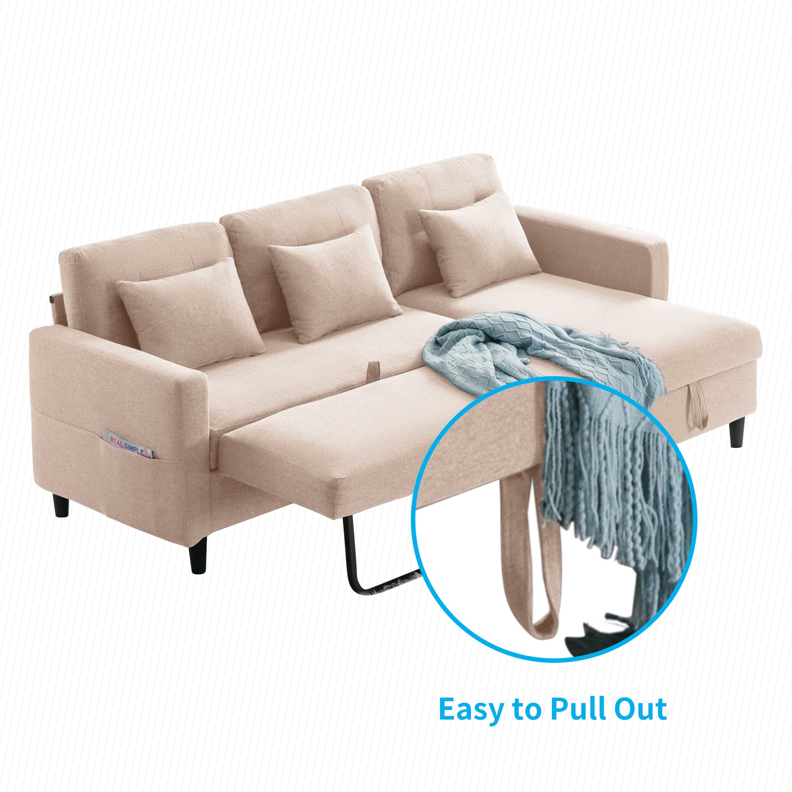 Beige Linen Reversible Sleeper Sectional Sofa with Storage Chaise J58976