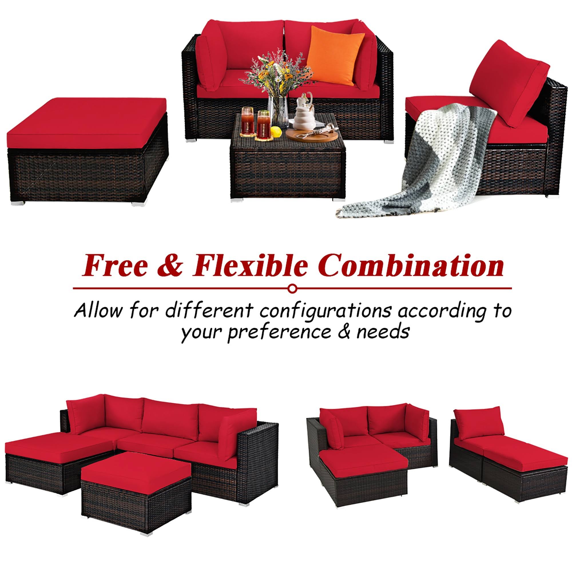 Red 5 Piece Patio Rattan Furniture Set O49104