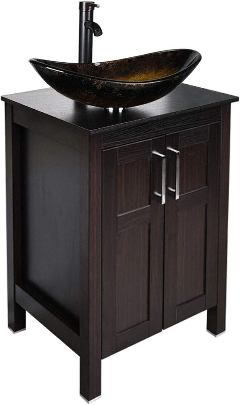24 Inches Dark Coffee Single Bathroom Vanity with 2-Door Cabinet and Tempered Glass Sink Top W317468