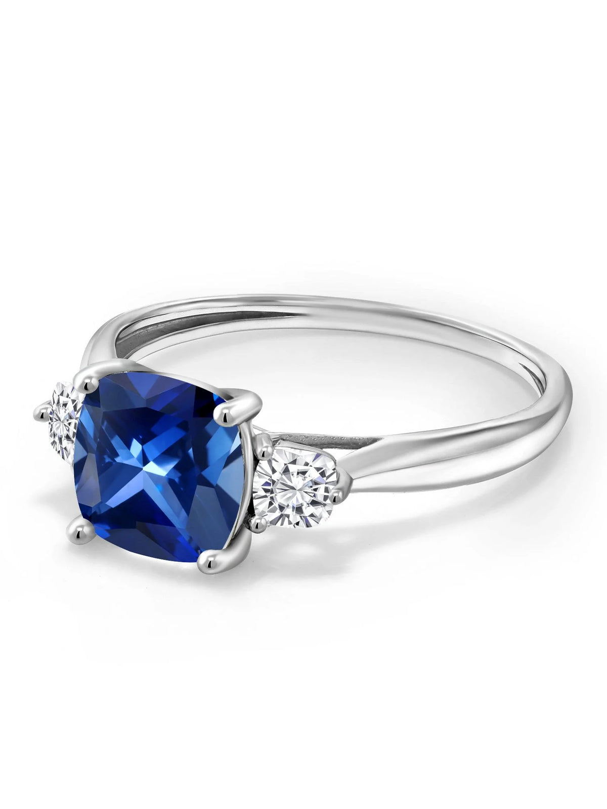 10K White Gold Blue Created Sapphire White Moissanite 3 Stone Engagement Ring T5983