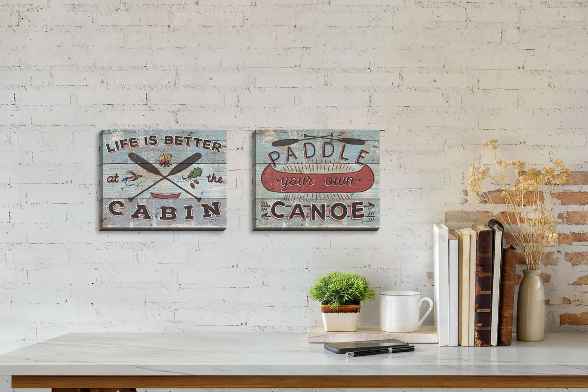 Red and Blue Canoe and Lake Cabin Decor; 2 Stretched Canvases P7581
