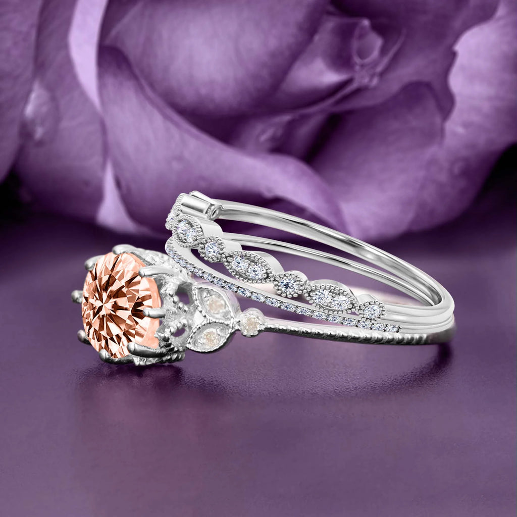 2.25 Carat Round Cut Morganite And Diamond Moissanite Floral Engagement Ring in 925 Sterling Silver With 18k White Gold Plating E3034