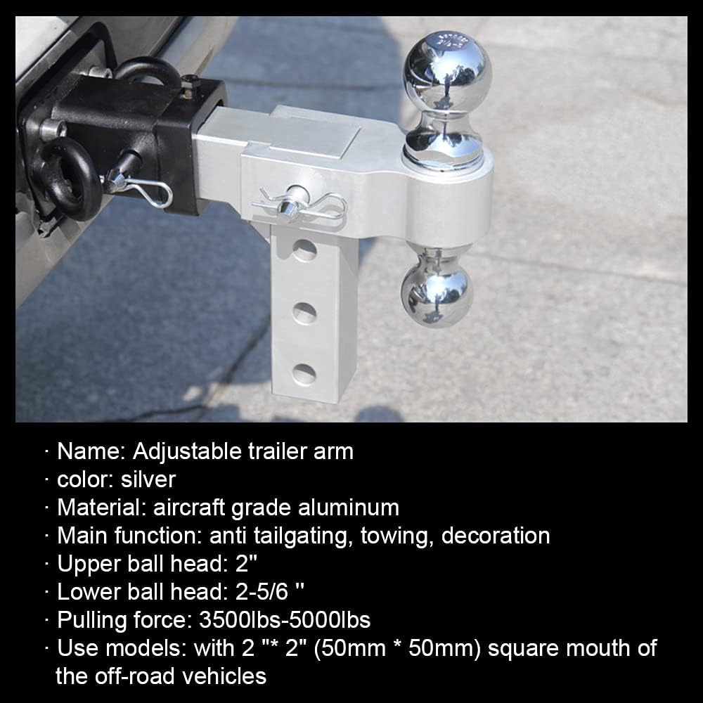 Adjustable Trailer Hitch, Aluminum Dual Ball Mount 6" Drop/Rise, 5,000 LBS Capacity E636