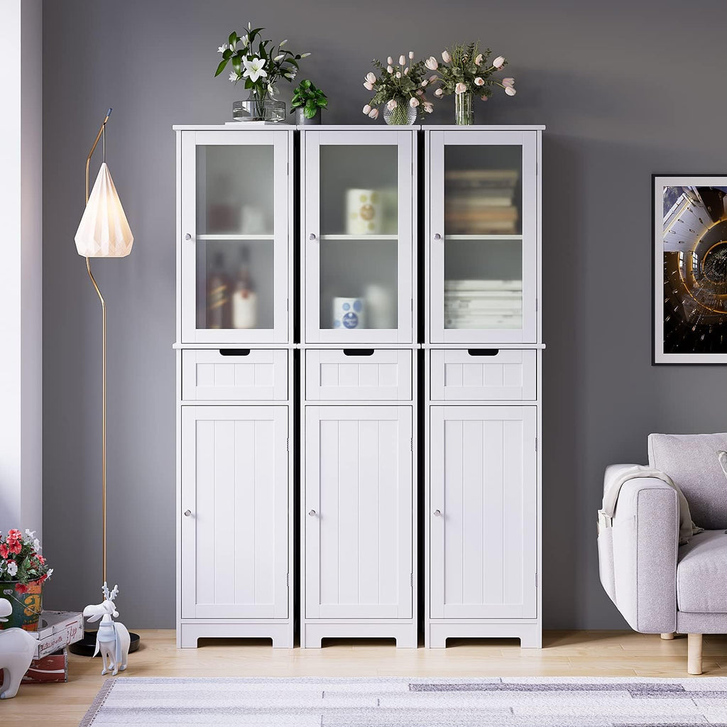 White Tall Freestanding Bathroom Storage Cabinet with Door and Drawer and Adjustable Shelves I162