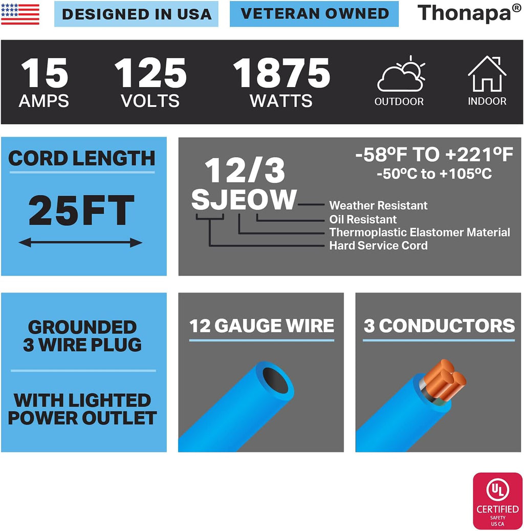 50 Ft All Weather Extension Cord with 3 Outlets, 12/3 SJEOW Heavy Duty Lighted Outdoor Cable S56742