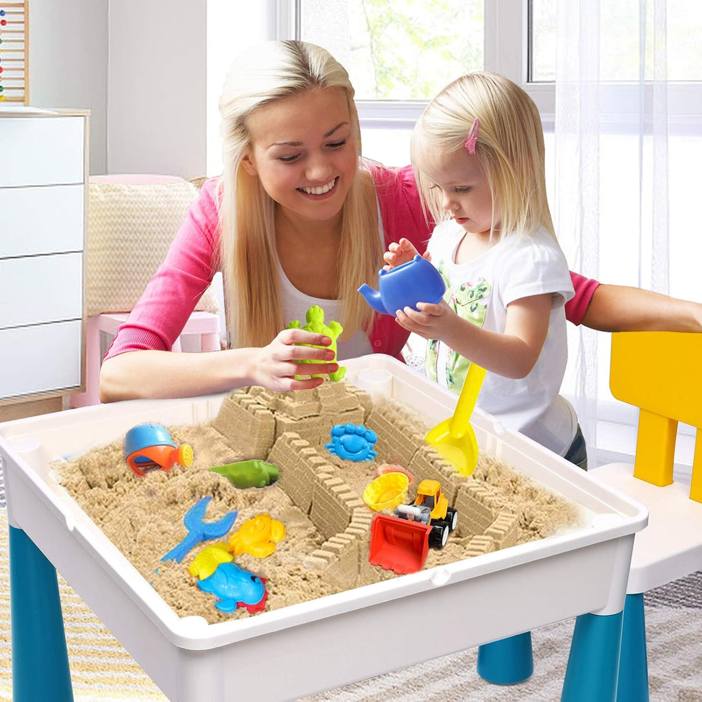 Kids Activity Table and Chair Set with 152Pcs Marble Run Building Blocks Water Table Sand Table STEM Toys H56188
