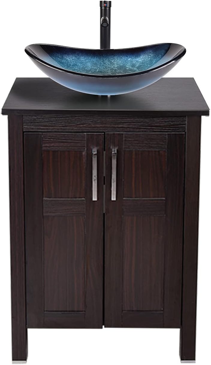 24 Inches Dark Coffee Single Bathroom Vanity with 2-Door Cabinet and Tempered Glass Sink Top W317468