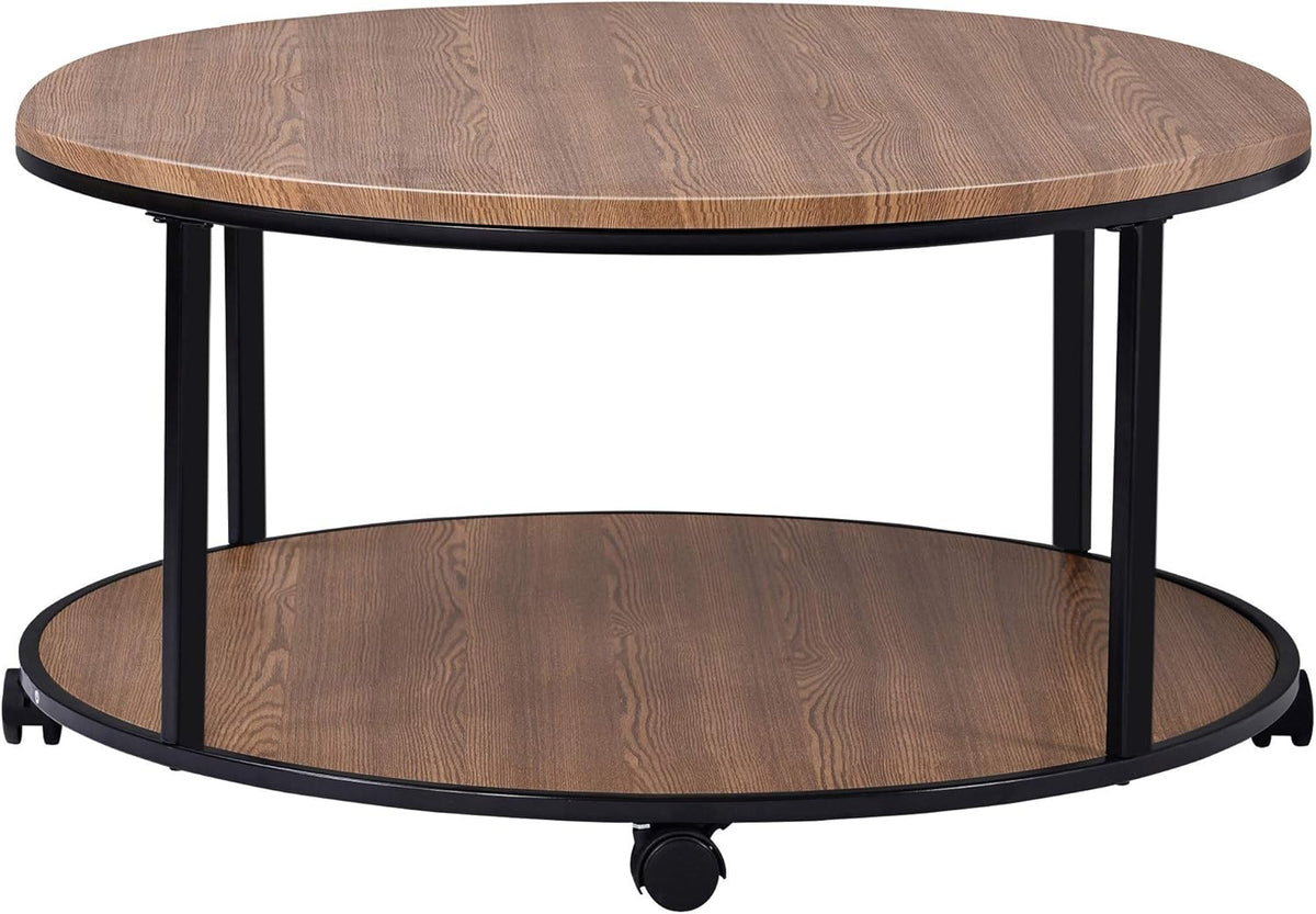 Round Coffee Table with Caster Wheels (Distressed Brown) W964