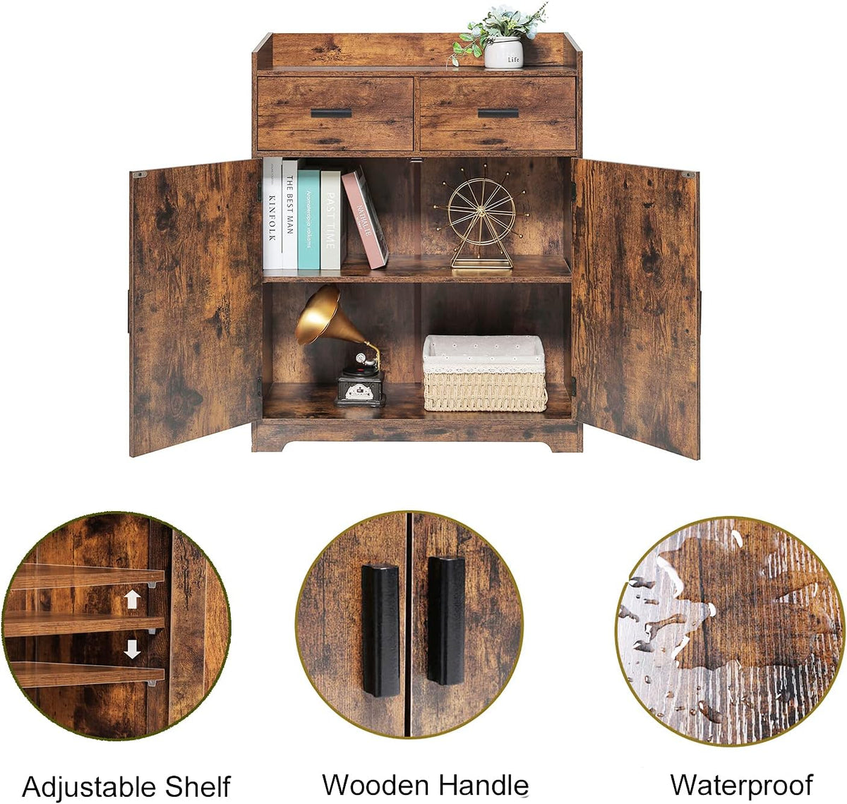 Rustic Brown Storage Cabinet with 2 Doors & Drawers K218