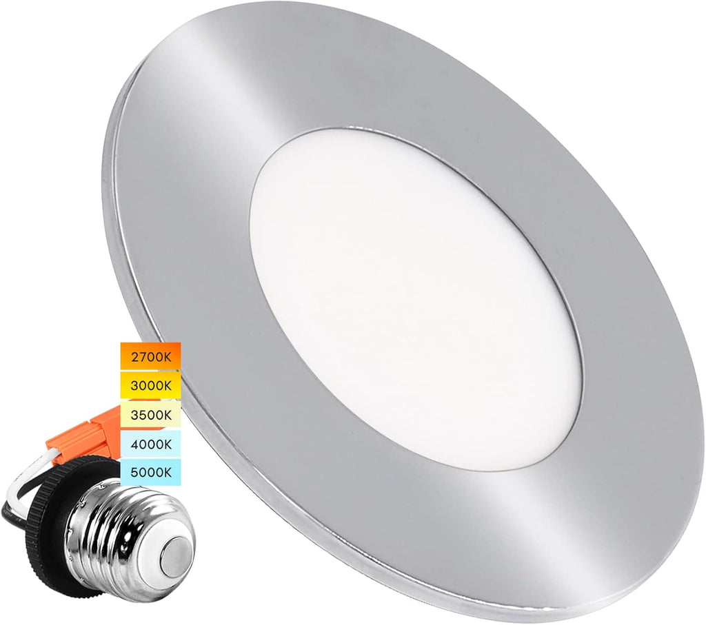 4 Inch LED Recessed Ceiling Light, 5 Color Selectable 2700K-5000K, Dimmable, 500 LM, Chrome F825270