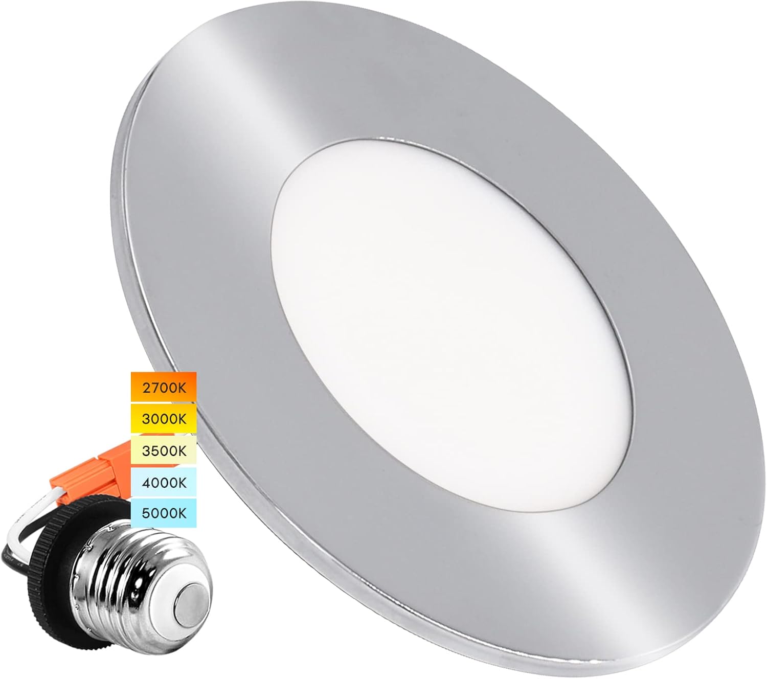 4 Inch LED Recessed Ceiling Light, 5 Color Selectable 2700K-5000K, Dimmable, 500 LM, Chrome F825270