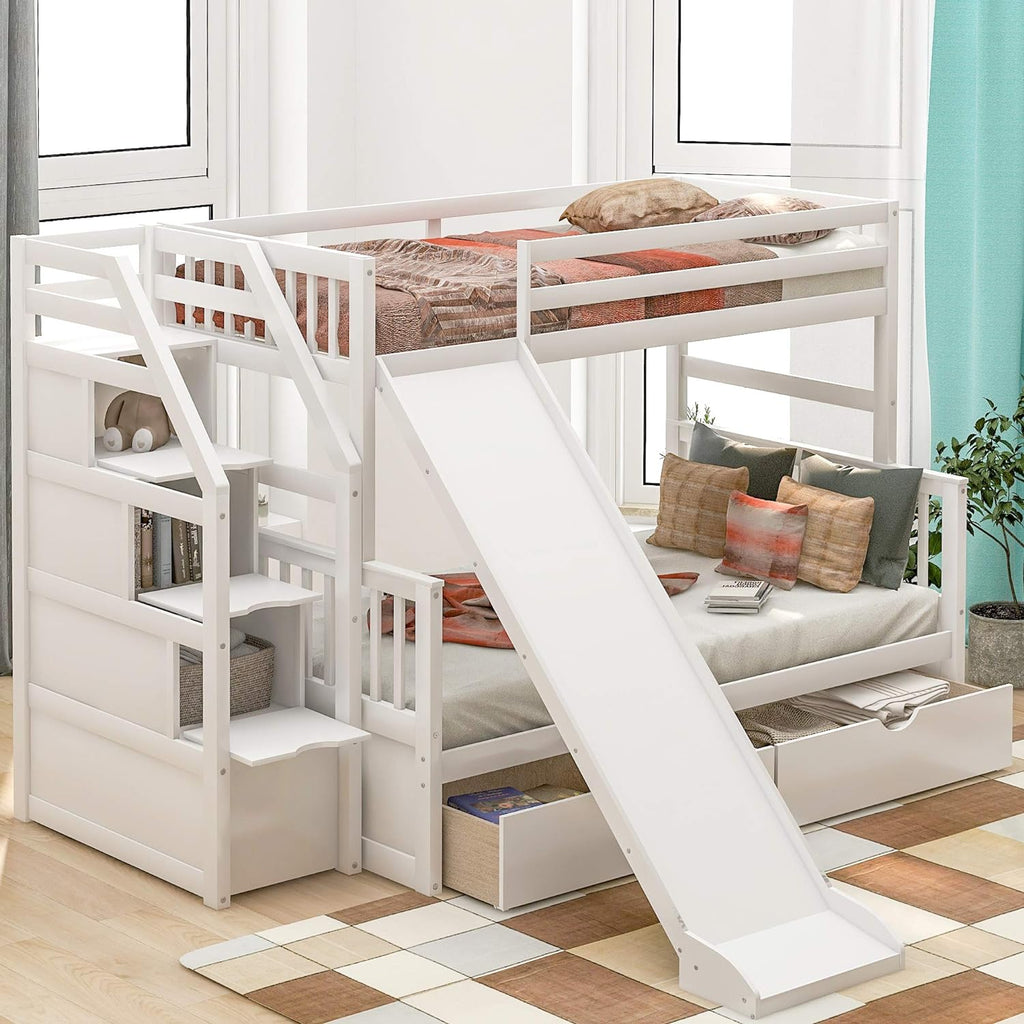 Twin Over Full Solid Wood Bunk Bed with Slide and Drawers X781061