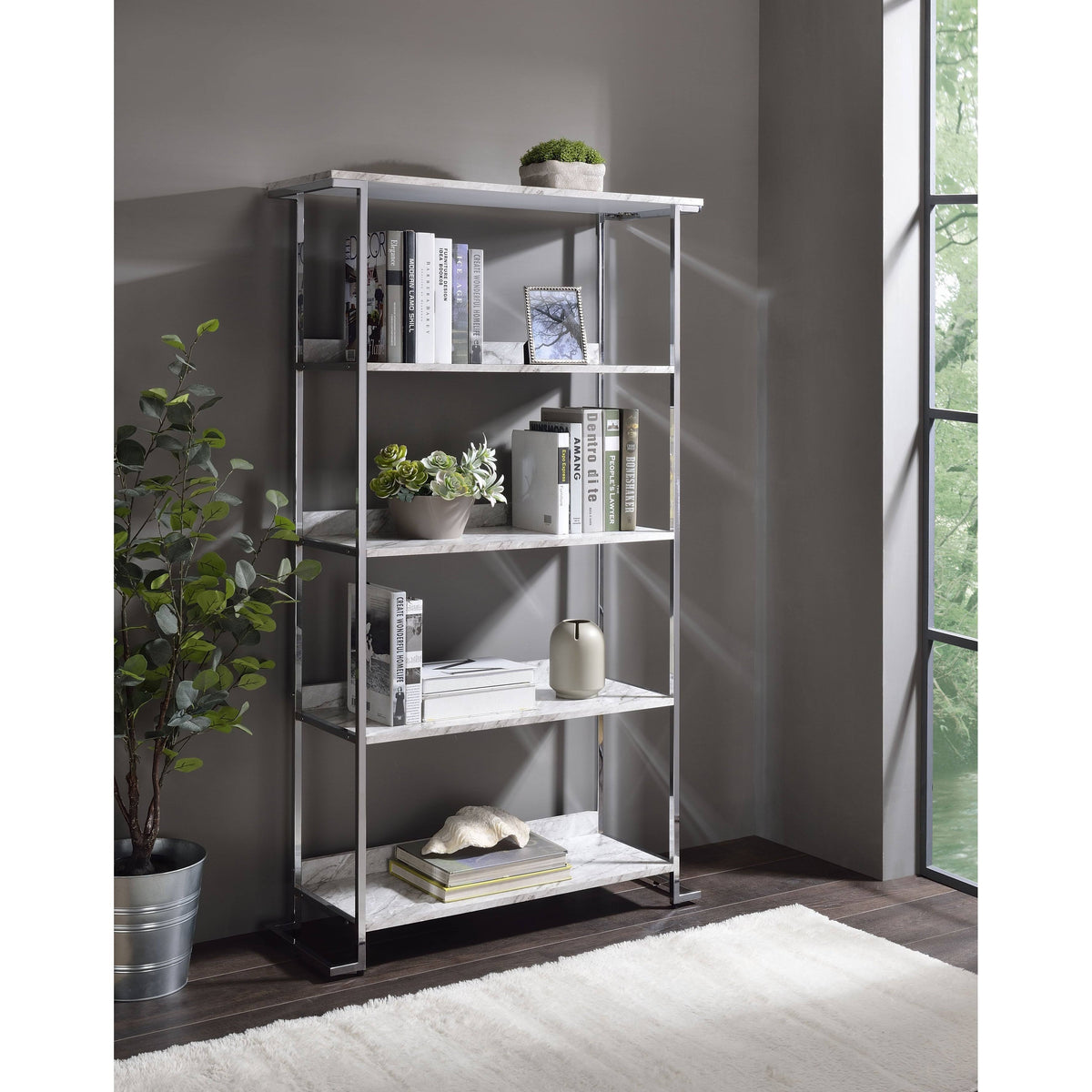 White Printed Faux Marble Bookcase B940419