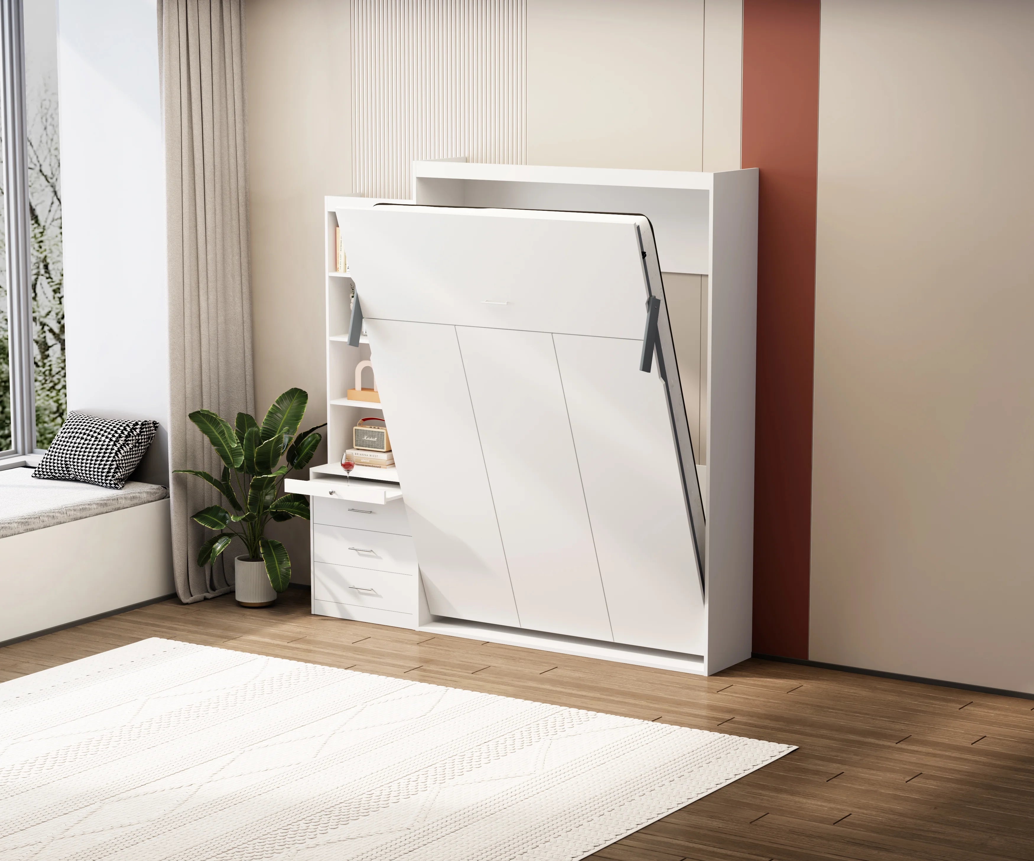 White Full Size Vertical Murphy Bed with Shelf and Drawers B874002