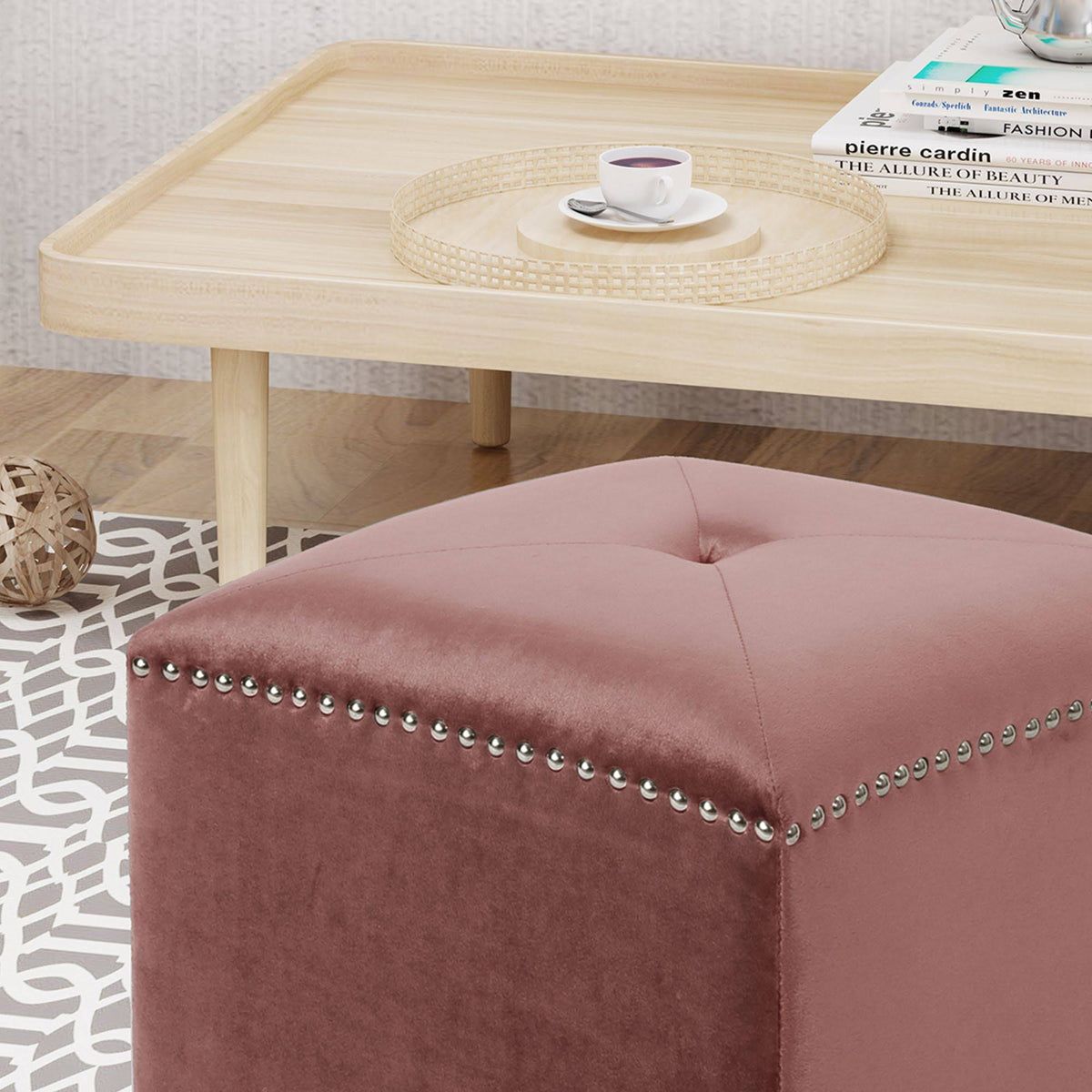 Pink Tufted Square Foot Stool Ottoman N952862