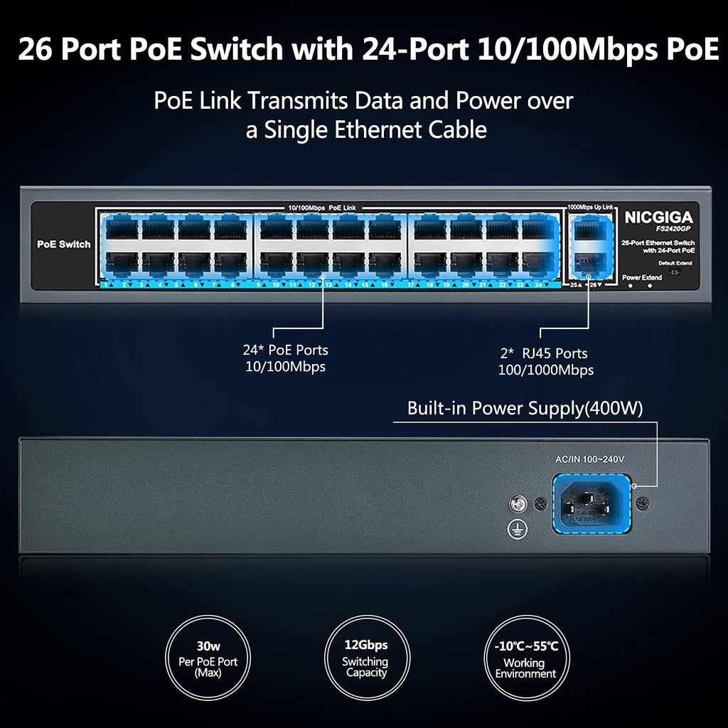 26 Port PoE Switch with 24 Ports 10/100Mbps PoE+@400W, 2 Gigabit Uplink Ports, VLAN Mode, Metal Case, Desktop/Rack Mount, Unmanaged Q8569