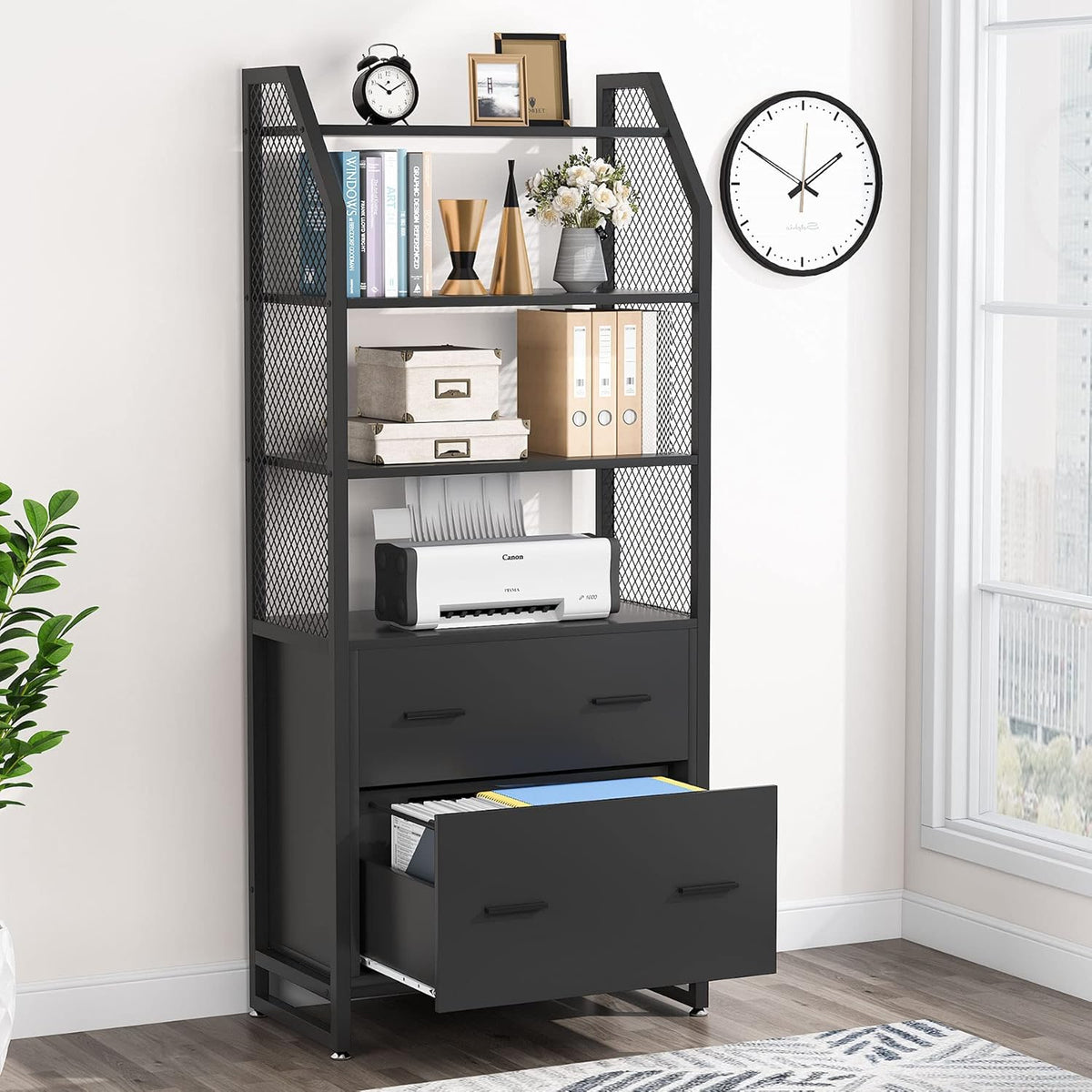 Black 2 Drawer File Cabinet with Bookshelf Z407