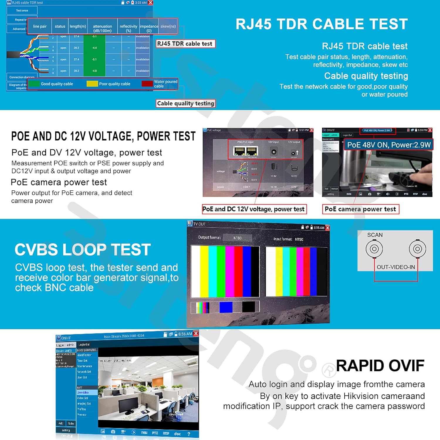 CCTV Camera Tester 8MP 7inch IPS Touch Screen POE WiFi 4K H.265 HDMI IPC Tester T405