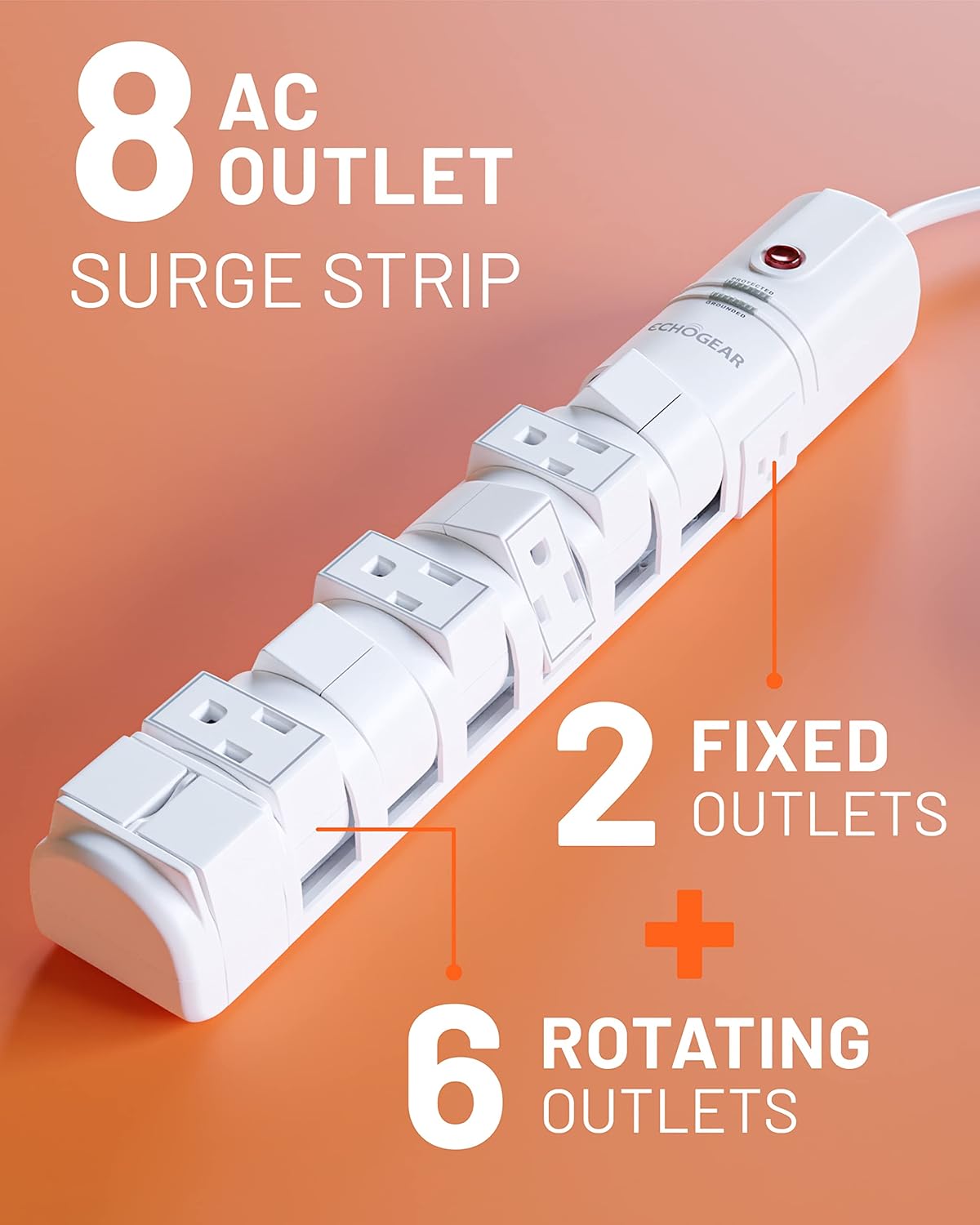 Rotating Outlet Surge Protector 2 Pack with 8 Outlets, Flat Plug, Long Cord, Black C29203