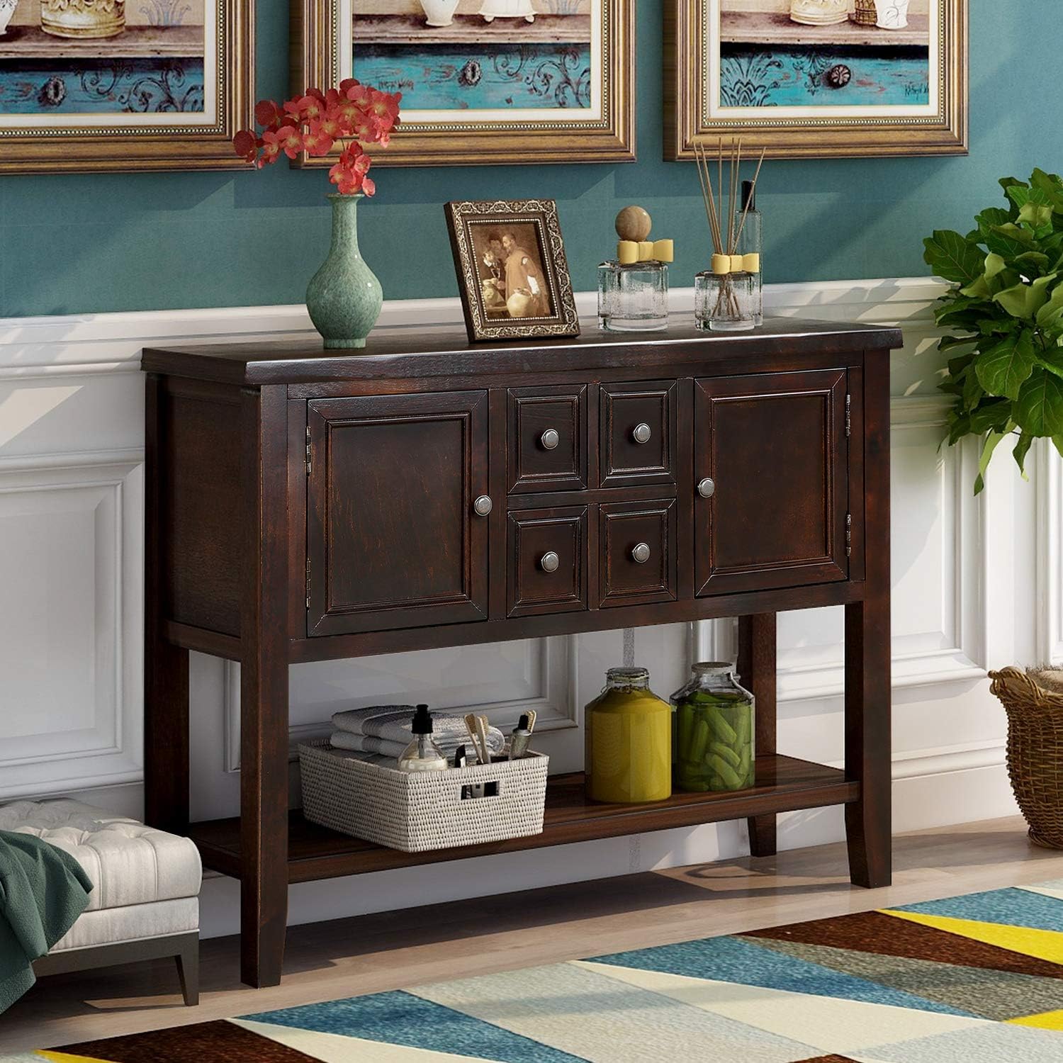 Dark Brown Console Sofa Table with Storage Drawers and Bottom Shelf I6837