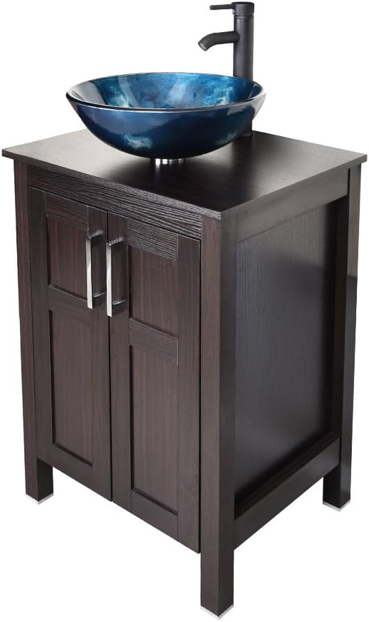 24 Inches Dark Coffee Single Bathroom Vanity with 2-Door Cabinet and Tempered Glass Sink Top W317468