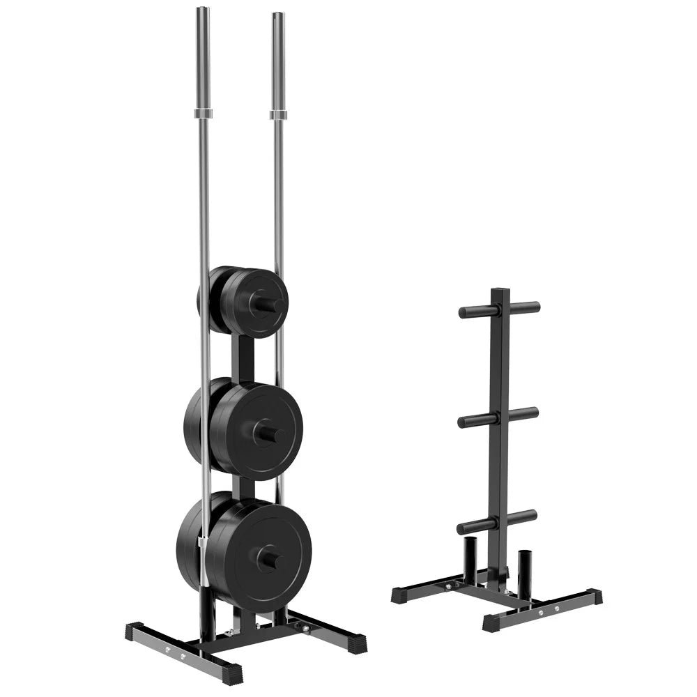 Black Olympic Weight Plate & Barbell Tree Stand Rack O830
